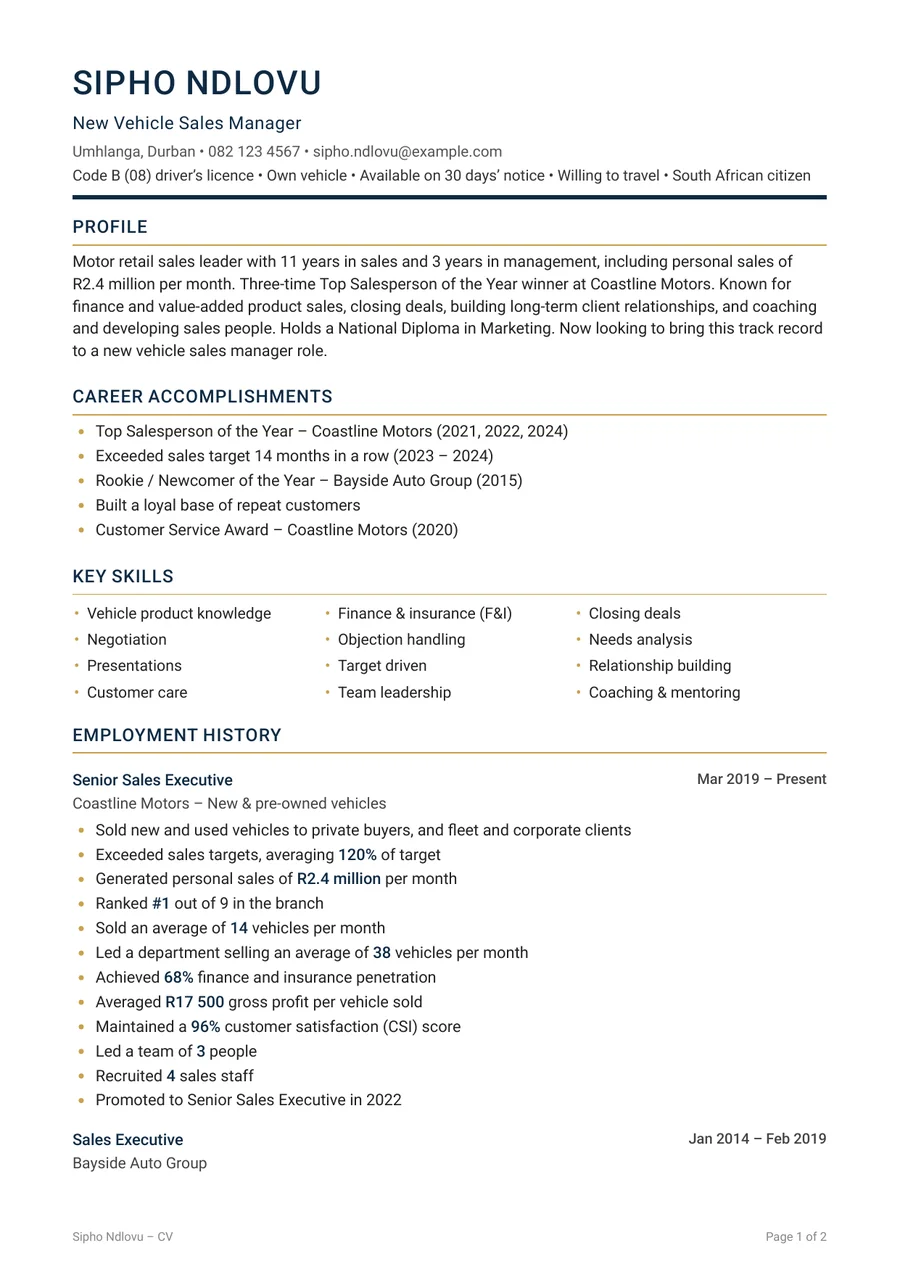 Sample two-page sales CV made with Mr Sales CV, with the profile and results at the top