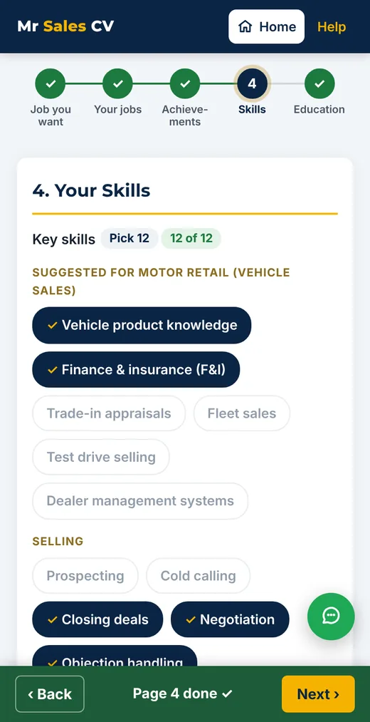 The CV form on a phone: tap the skills that fit you