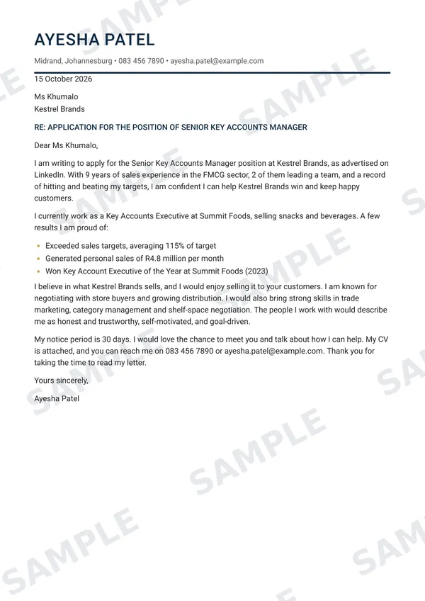 Sample cover letter for an FMCG key accounts job
