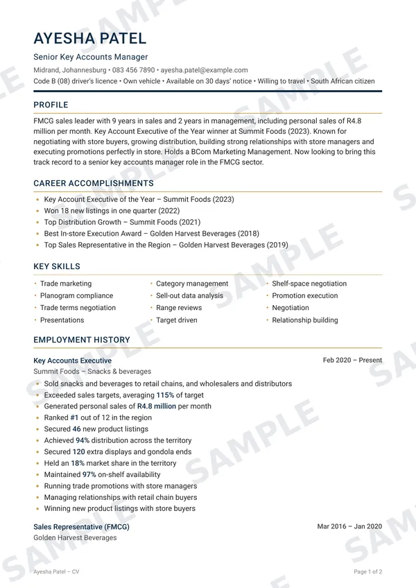 Sample two-page sales CV made with Mr Sales CV, with the profile and results at the top
