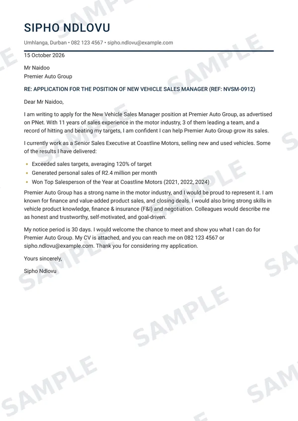 Sample cover letter for a motor sales manager job
