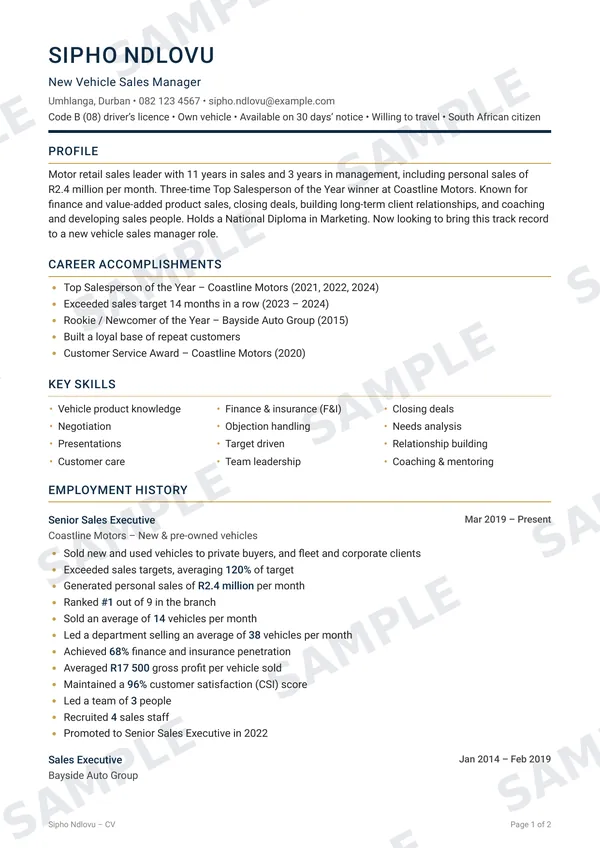 Sample two-page sales CV made with Mr Sales CV, with the profile and results at the top
